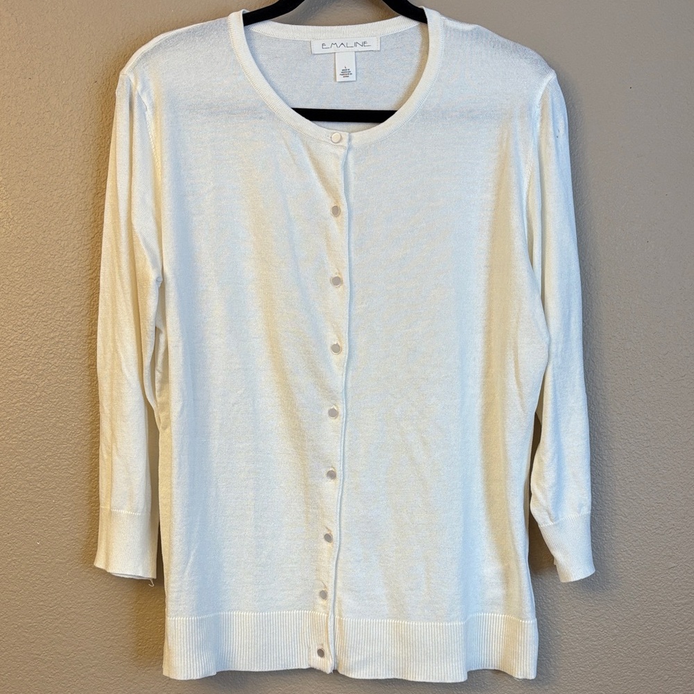NEW! Emaline Large Cream Knit Cardigan Classic Pearl Button-Front 3/4 Sleeve